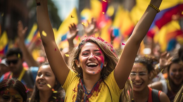 Pueblo colombiano ondeando con orgullo su bandera celebración carnaval gente feliz