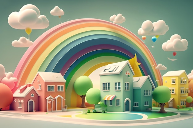 Un pueblo colorido con un arcoíris y un arcoíris.