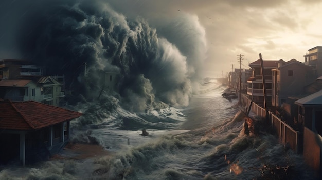 Un pueblo costero devastado por un tsunami Una escena de drama apocalíptico Generative Ai