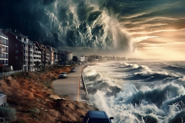 Foto pueblo costero golpeado por tsunami escena apocalíptica y dramática ia generativa