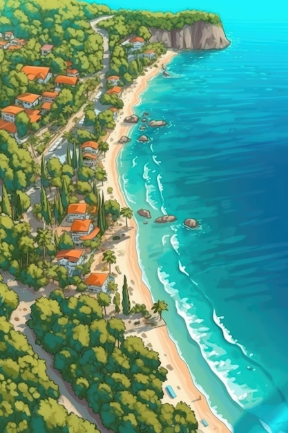 Pueblo costero con playa de arena agua azul árboles frondosos IA generativa