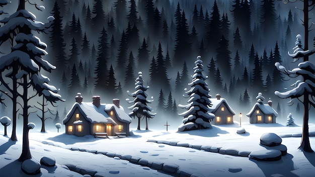 Un pueblo cubierto de nieve con encantadoras cabañas adornadas con luces navideñas