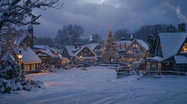 Un pueblo cubierto de nieve con luces de Navidad y árboles en el medio del pueblo IA generativa