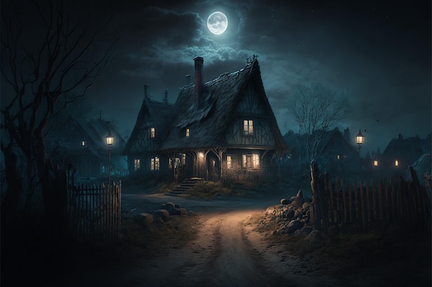 pueblo de fantasía oscura en la noche paisaje nocturno espeluznante luz de la luna, ai generati