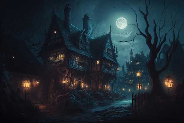 Pueblo de fantasía oscura en la noche paisaje nocturno espeluznante pintura digital a la luz de la luna