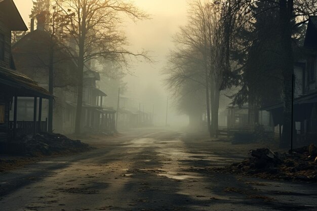 Un pueblo fantasma vacío iluminado lámparas callejeras iluminando la carretera a través de los árboles y el pueblo en una niebla en un día lluvioso de otoño linternas callejeras escenas del campo inglés fondo de Halloween