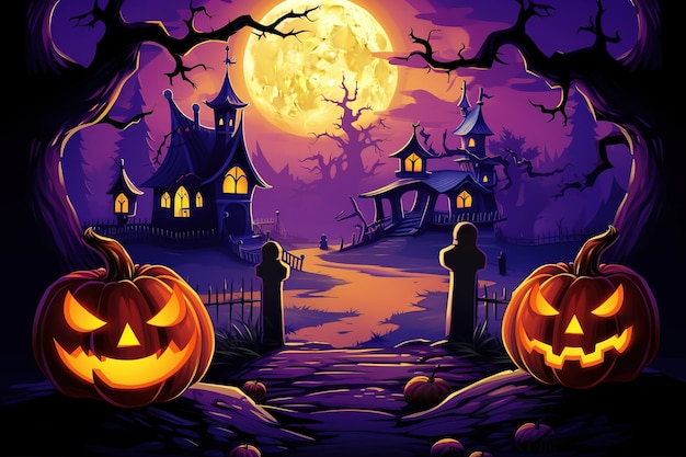 pueblo de halloween de ilustración con fondo de halloween de calabaza aterradora
