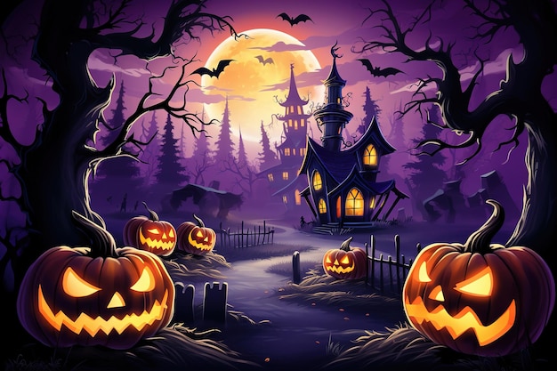 pueblo de halloween de ilustración con fondo de halloween de calabaza aterradora