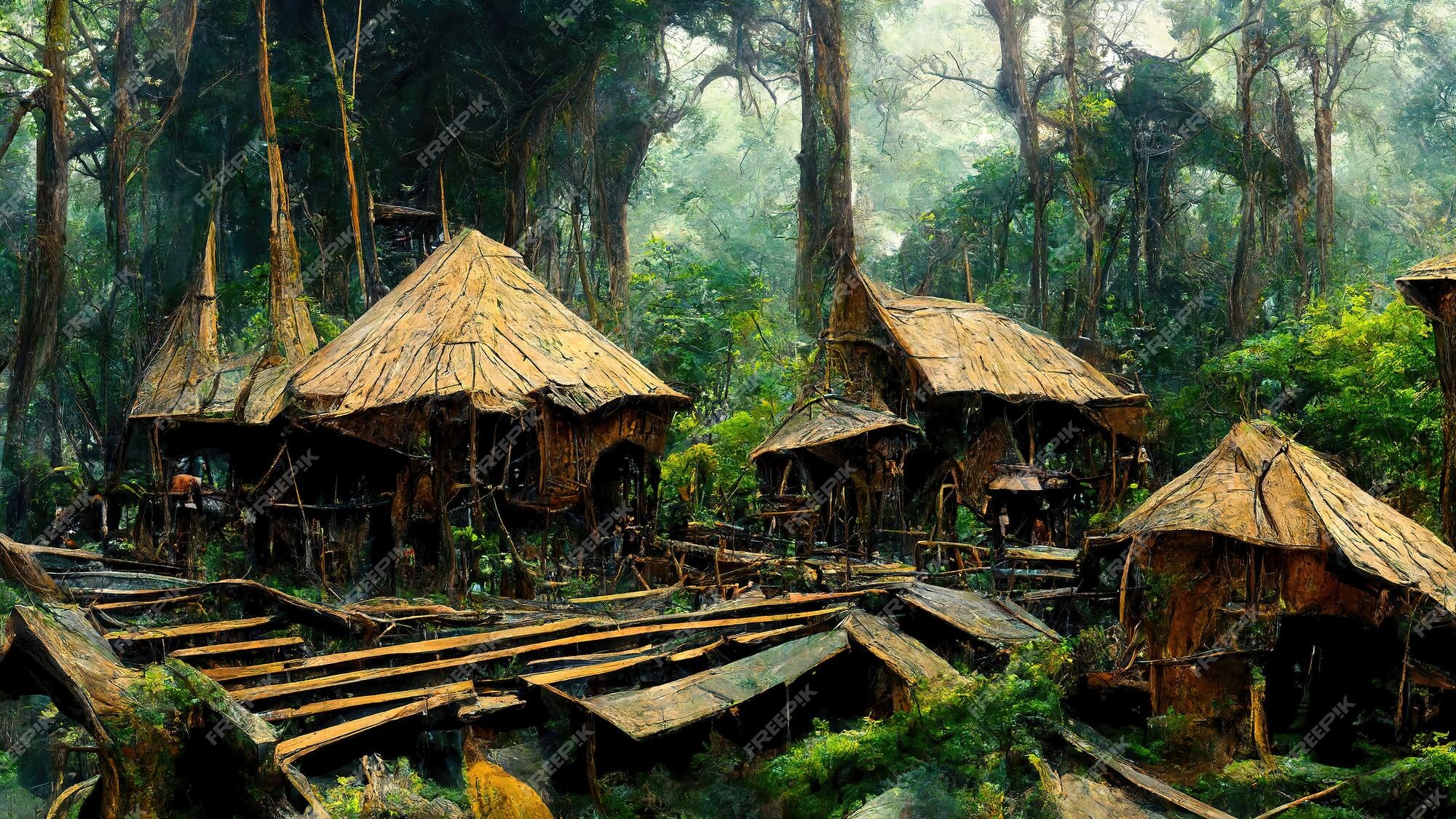 Pueblo indio aborigen en la selva tropical casas de bambú ilustración 3d |  Foto Premium