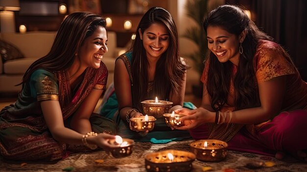 Un pueblo indio feliz celebrando el tradicional festival de Diwali