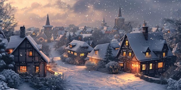 El pueblo de invierno encantado por la noche ilustración resplandeciente