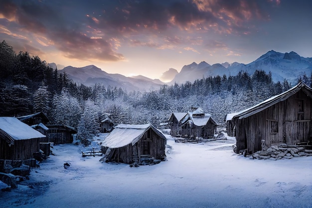 Pueblo en invierno en el suelo de las montañas y árboles bajo la nieve blanca ilustración 3D