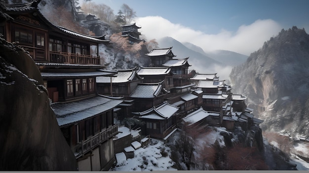 Pueblo japonés en la montaña helada