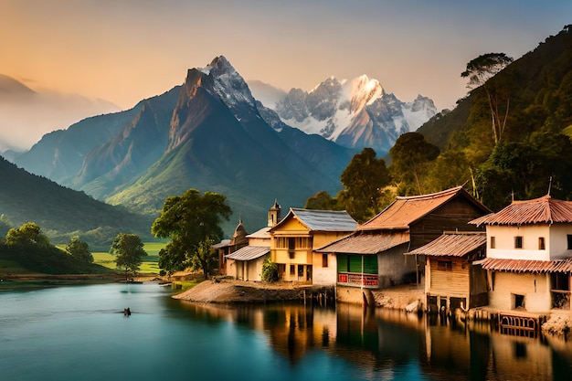 Un pueblo junto al lago con una montaña al fondo.