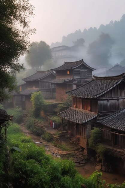 El pueblo de lijiang está rodeado de niebla y niebla.