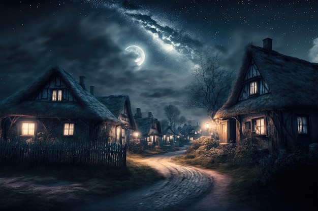 Un pueblo con una luna en el cielo