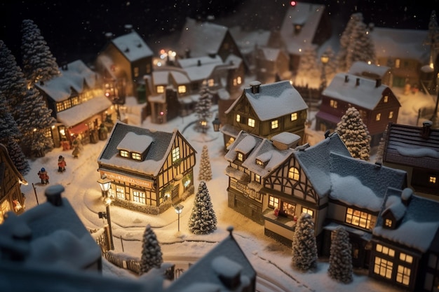 Un pueblo en miniatura con un árbol de navidad en el medio