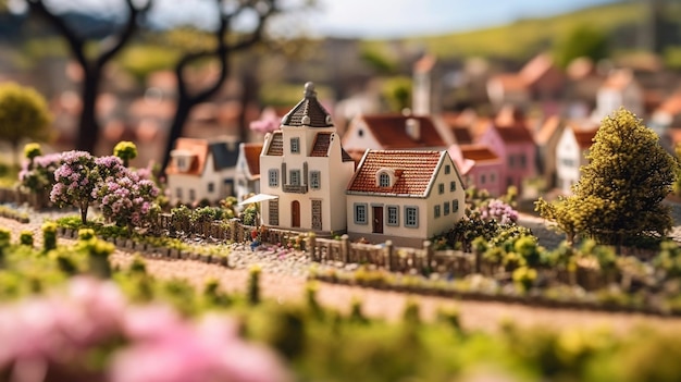 Un pueblo en miniatura con un pequeño pueblo al fondo.