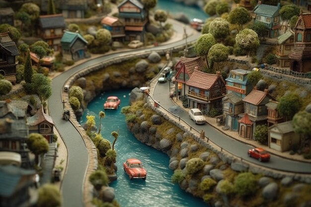 Un pueblo en miniatura con un río y un puente.