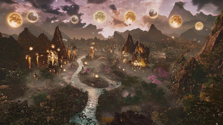Un pueblo místico enclavado entre montañas con un río que serpentea a través de él bajo un cielo lleno de lunas brillantes