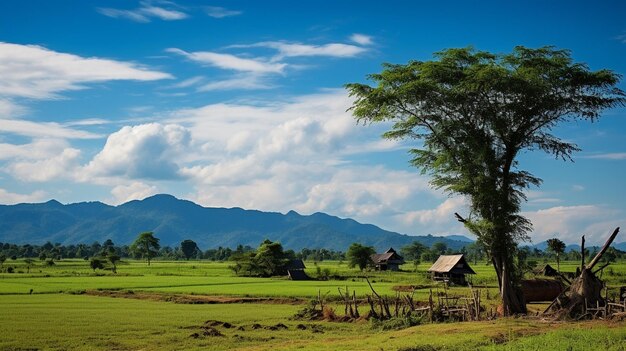 un pueblo con una montaña al fondo