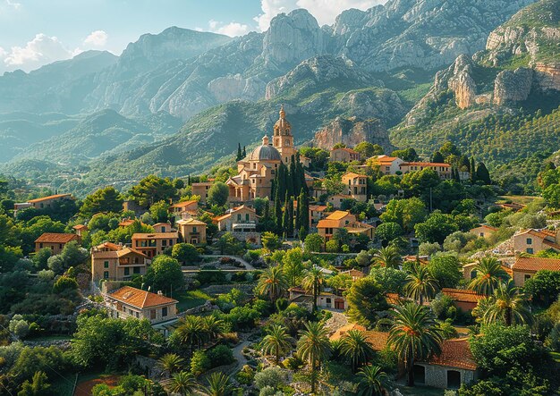 Foto un pueblo con una montaña en el fondo