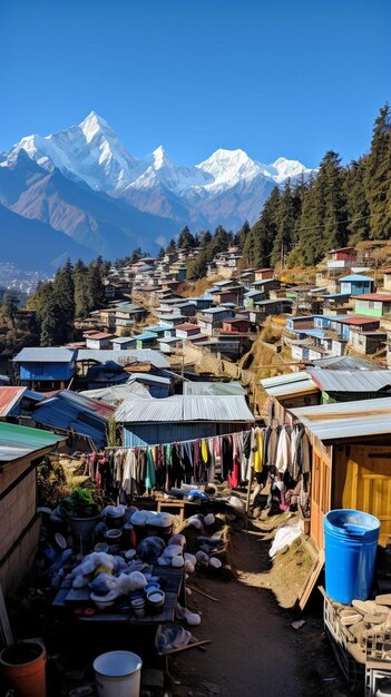 Foto un pueblo con una montaña en el fondo