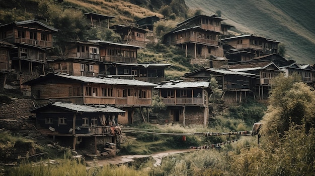 Un pueblo en la montaña con una montaña al fondo