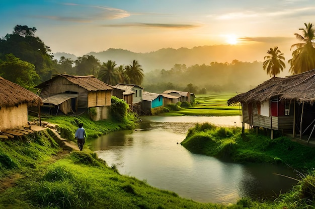 un pueblo en las montañas al atardecer