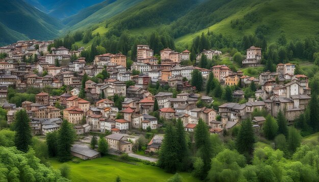 un pueblo en las montañas con árboles verdes y casas