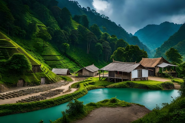 Un pueblo en las montañas con una montaña verde al fondo