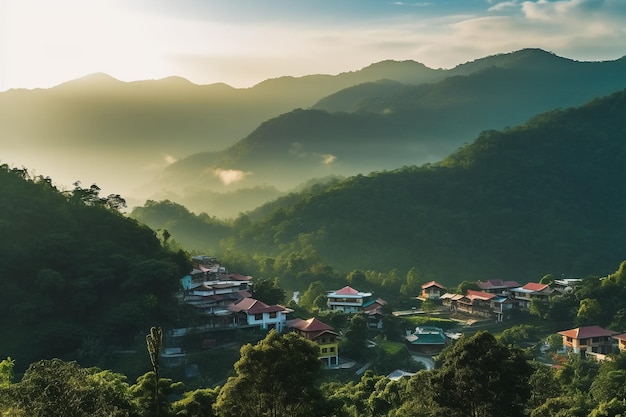 Un pueblo en las montañas con vista a las montañas