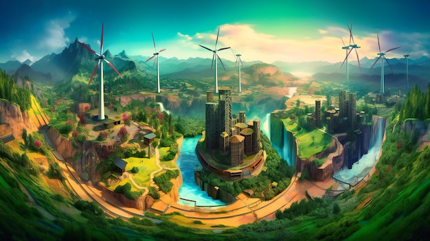Un pueblo mundial con turbina eólica de planta solar y cascadas en un paisaje verde moderno en un estilo de artilugio futurista