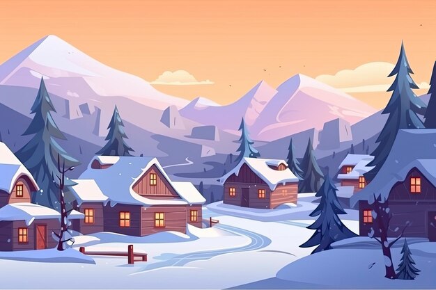 Pueblo de muñecas de madera en estilo de dibujos animados con un concepto de año nuevo de invierno nevado como fondo IA generativa