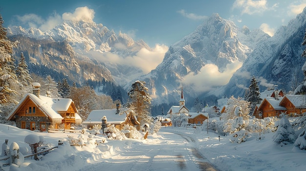 un pueblo nevado en las montañas