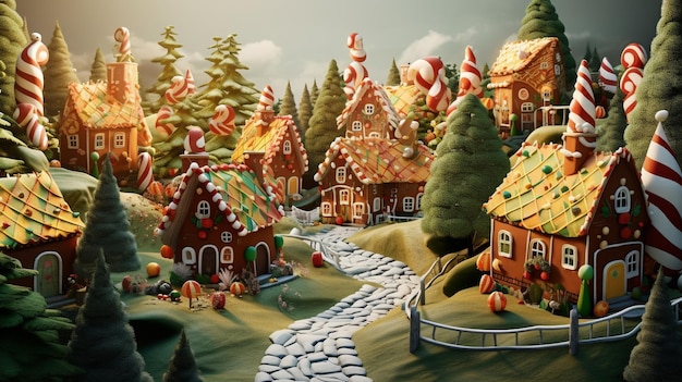 Un pueblo de pan de jengibre en un bosque imagen de Navidad imágenes de ilustración 3D