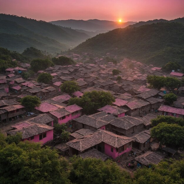 un pueblo con una puesta de sol en el fondo