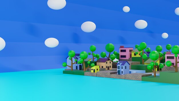 Pueblo de renderizado 3D en cubo crecido y árbol lowpoly.