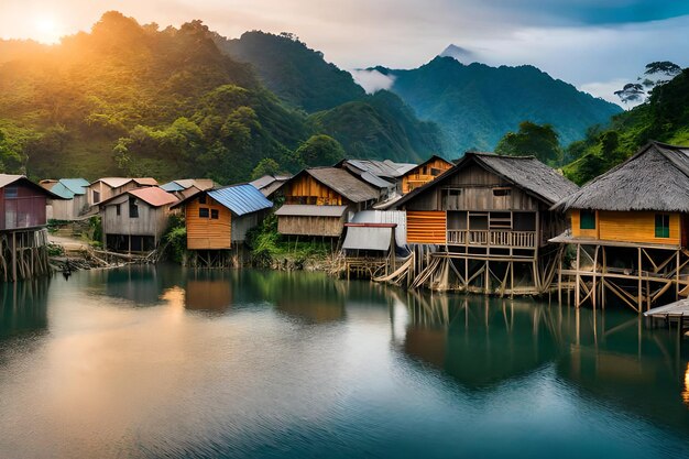 Un pueblo en el río en laos