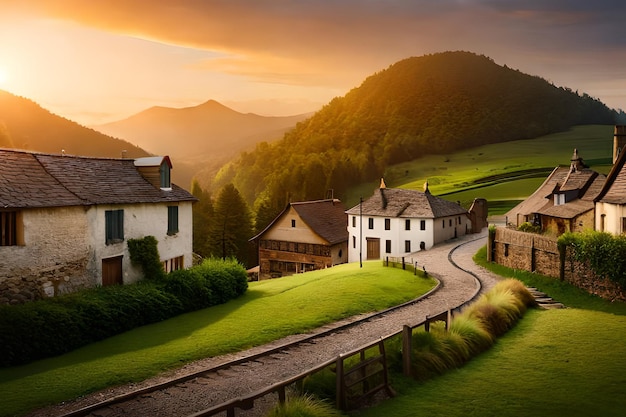 Un pueblo rural con un atardecer de fondo