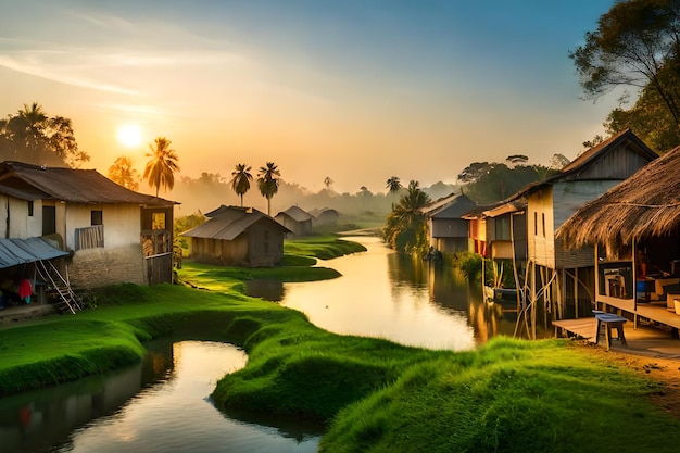 Un pueblo en la selva con un atardecer de fondo