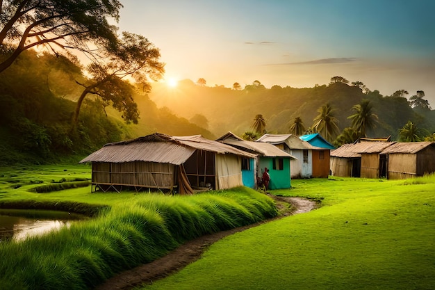 Un pueblo en la selva con un atardecer de fondo