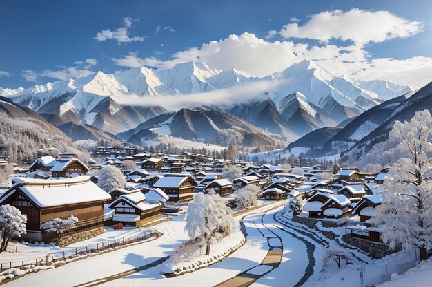 Foto el pueblo de shirakawa en el invierno de japón
