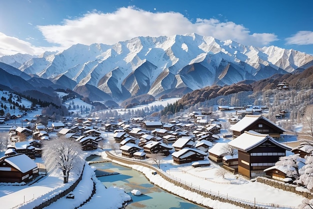 El pueblo de Shirakawago en invierno en Japón