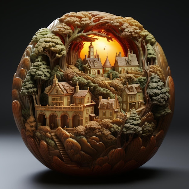 Pueblo tallado dentro de una calabaza.