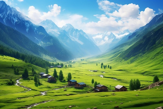 Un pueblo en un valle con montañas al fondo