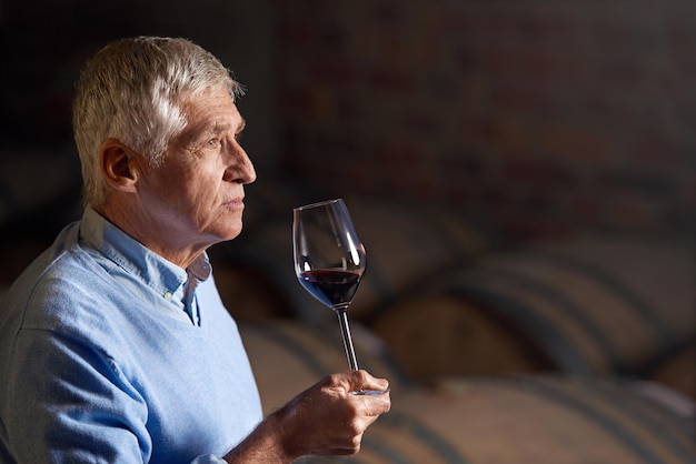 Se puede saber mucho sobre un vino por su olor Captura recortada de un hombre mayor degustando vino en una bodega