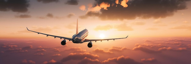 Se puede ver un avión de pasajeros volando alto en el cielo durante la puesta de sol La silueta del avión es visible desde una vista trasera contra los tonos vibrantes del sol poniente IA generativa