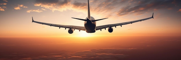 Se puede ver un avión de pasajeros volando alto en el cielo durante la puesta de sol La silueta del avión es visible desde una vista trasera contra los tonos vibrantes del sol poniente IA generativa