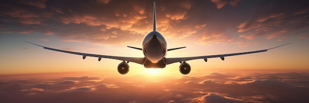 Se puede ver un avión de pasajeros volando alto en el cielo durante la puesta de sol La silueta del avión es visible desde una vista trasera contra los tonos vibrantes del sol poniente IA generativa